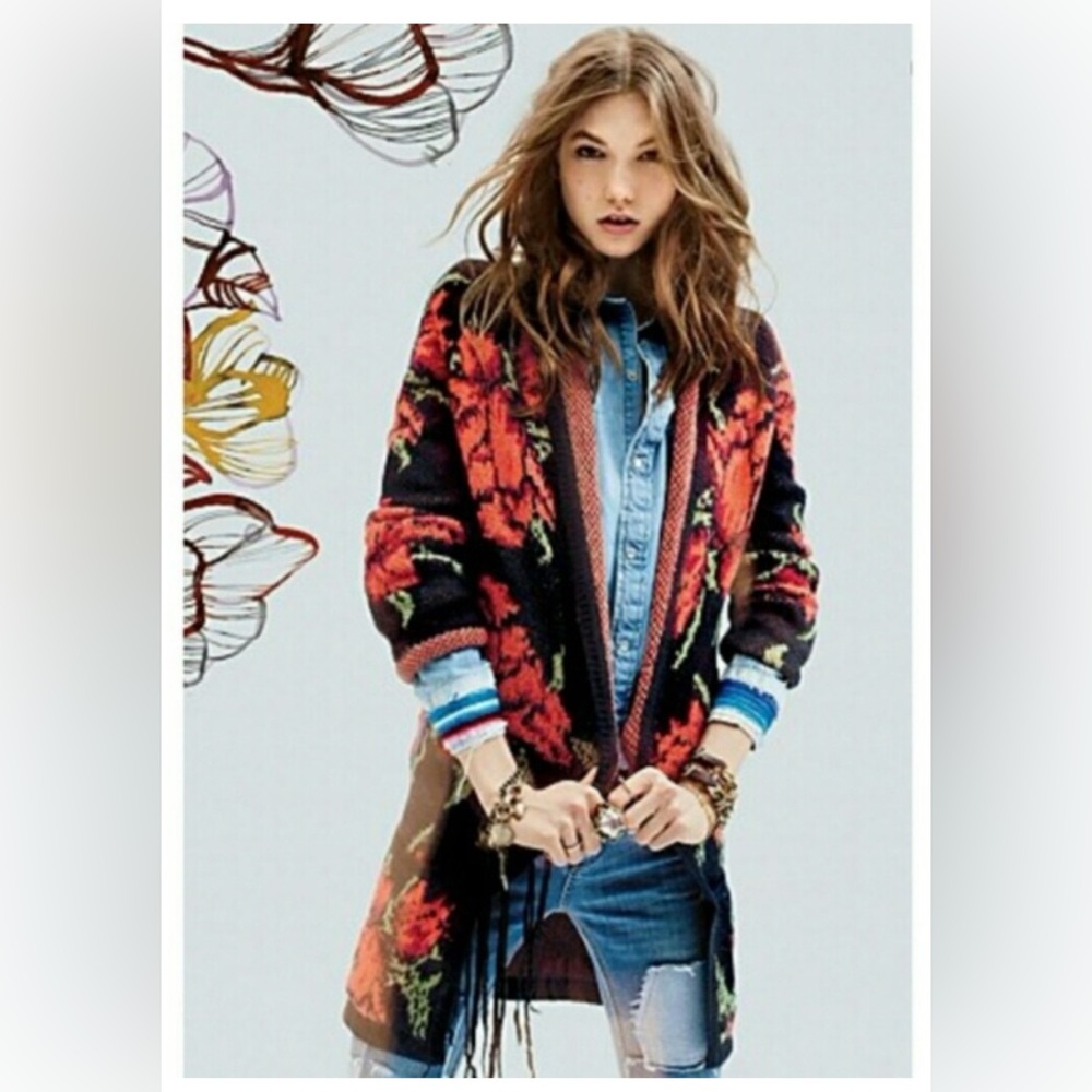 Free People Red and Black Flower power Cardigan